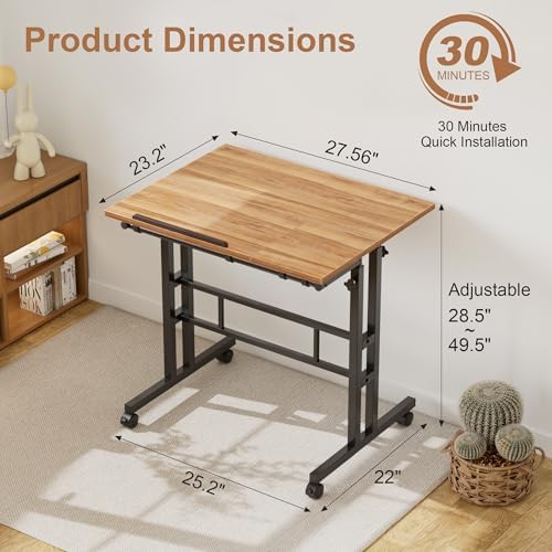 VECELO Mobile Small Standing Desk Adjustable Height, Computer Workstations with Tiltable Tabletop, Lockable Wheels, Portable Rolling Laptop Desk for Home Office, Brown
