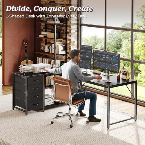 PRAISUN 61" L Shaped Desk with Power Outlets & 4 Drawers
