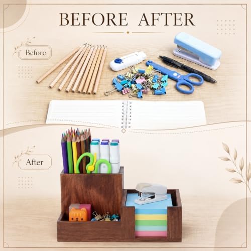 Maitys Wood Pen Holder Wooden Desk Organizer 3 Compartments Office Supply Organizer with Pencil Holder Paperclip Storage Sticky Note Rack Desk Organizers Ideal Gift for Class Home Office
