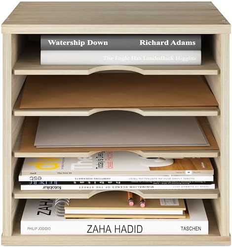 Ballucci 5-Tier File Organizer for Desk, Mail Sorter, Office Desk Organization, Paper Storage Organizers, Folder Holder for Desk, Letter Trays & Stacking Supports, Brushed Wood (Pack of 2)