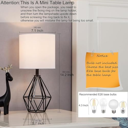 Black Bedside Table Lamp,Small Nightstand Lamp for Bedroom,Modern Desk Lamp with TC Fabric Shade Geometric Metal Base for Living Room Study Office Farmhouse
