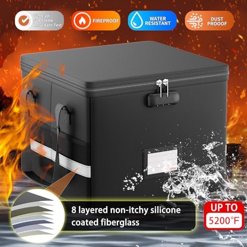 ENGPOW 5200°F Fireproof Document Box with Lock, Heat Insulated Collapsible File Storage Organizer with Handle, Portable Home Office File Cabinet for Hanging Letter/Legal Size Folder, Black