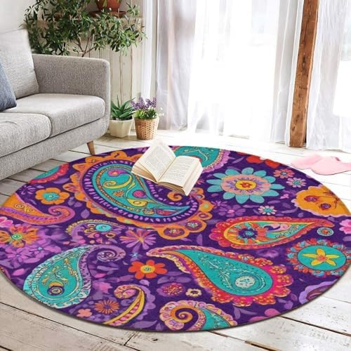 Large Home Decor Mat, Soft Round Yoga Carpet, Non Slip Machine Washable Kitchen Office Circle Rug Colorful Bohemian Flower Boho Floral Paisley