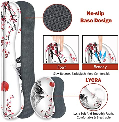 ToLuLu Extended Gaming Mouse Pad, Memory Foam Ergonomic Keyboard Mouse Wrist Rest Support Set, Large Desk Mat with Stitched Edges, Non-Slip Base Mousepad for Home Office Game, Cherry Blossom Sakura