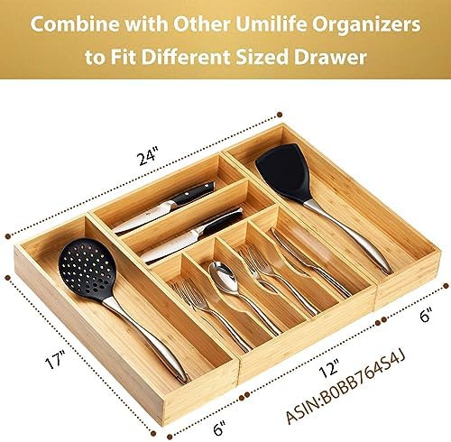 Umilife Bamboo Kitchen Utensils Organizer, Extra Long High Silverware Drawer Holder, Flatware Cutlery Storage Box, Multi-Use Drawer Divider in Office, Bathroom, Pantry - 17"x6"x2.5" (Set of 2)