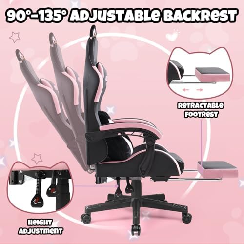Black Gaming Chair with Cat Ears and Cat Paw Lumbar Cushion, Ergonomic Gaming Computer Desk Chair with Footrest and Linked Armrests, Comfortable Cute Cat PU Leather Game Chair for Girls and Adults