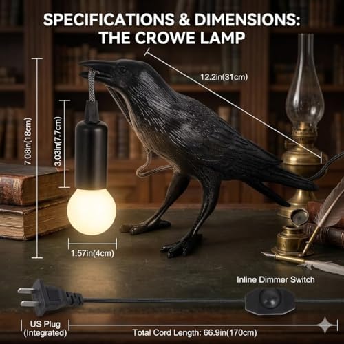 OVANUS Crow Lamp Gothic Decor, Raven Table Night Light with Adjustab