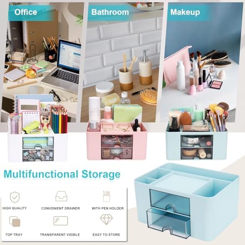 Meiikun Plastic Pen Organizer, Multifunctional Desk Organizer with 2 Drawers, 4 Compartments & a Top Tray, Pencil Holder Desktop Organizers and Accessories for Office, 7.7" x 5.5" x 3.9" (Blue)