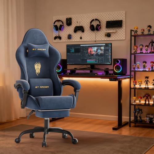 Ferghana Ergonomic Velvet Fabric Gaming Chair with Embroidery Fire, Massage Lumbar Support & Retractable Footrest, Reclining Racing Computer Office Desk Chair for Adults, Grey