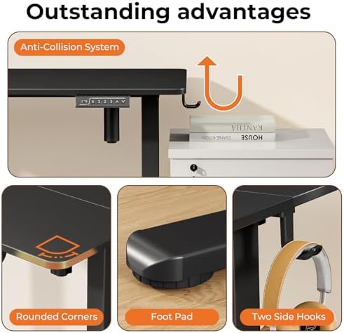 40" Electric Standing Desk, Black Standing Desk with 2 Hooks