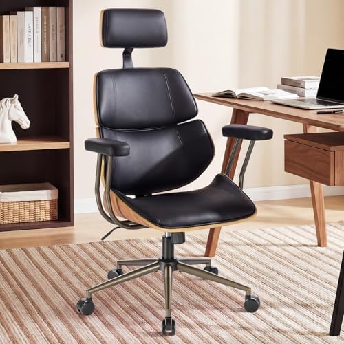 Mid Century Walnut PU Leather High Back Office Chair with Headrest, Black