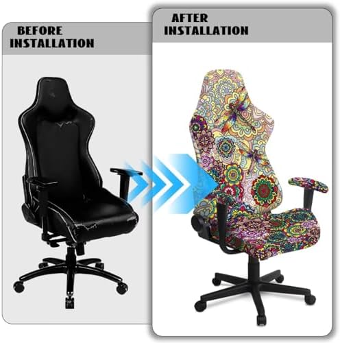Dragonfly Print Stretch Gaming Chair Cover with Armrest Covers Boho Mandala Flower Print Washable Breathable Gamer Chair Slipcover