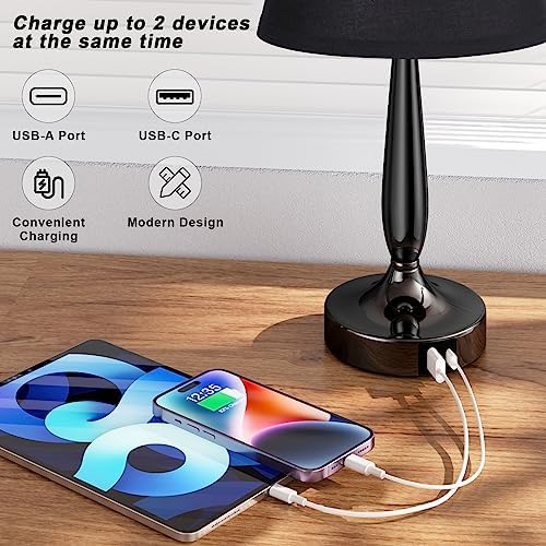 Kakanuo Touch Bedside Lamp for Bedroom with USB C Port, Small Touch Table Lamp with 2 USB Charging Ports, 3 Way Dimmable Nightstand Lamp for Living Room and Office - Black (LED Bulb Included)