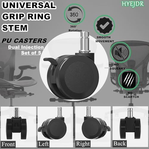 Office Chair Caster Wheels Replacement with Brake, 2.36"(60mm) Casters Replacement for Office Chair or Stool Wheel, Universal Size 11x22mm for Carpet and Hardwood Floors(Set of 5)