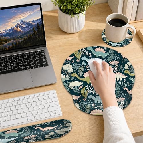 Cute Dinosaur Ergonomic Keyboard and Mouse Wrist Rest Set, Flower Mouse Pad with Non Slip Base, Soft Cloth Surface for Office and Home Typing Support