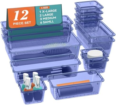12 PCS Drawer Organizer Set, Makeup Organizer, Tool Storage Tray, Navy Blue