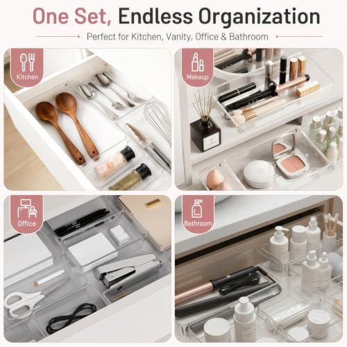 10 Pack Large Clear Drawer Organizer Trays, 3 Sizes, Non-Slip