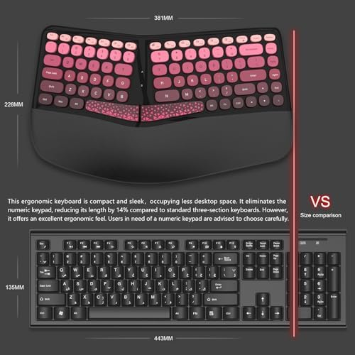Ergonomic Wireless Keyboard and Mouse Set with Wrist Rest, Compact 85-Key Keyboard, No Independent Numeric Keypad, Black and Red Gradient