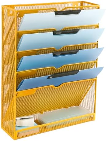 EASEPRES 6 Tier Mesh Hanging Wall File Organizer, Desk Vertical Mail Paper Document Folder Holder Rack with Bottom Tray and Nametag Label for Office Home School, Yellow