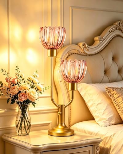 Flower Table Lamp Vintage Pink Glass Lamp Dimmable 2 Bulbs Included