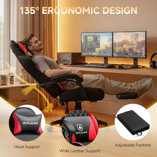 GTPLAYER Gaming Chair, High Back Leather Computer Gaming Chair with Footrest, Ergonomic Height Adjustable Office Chair with Removable Cover and Lumbar Support for Gaming & Work,RED
