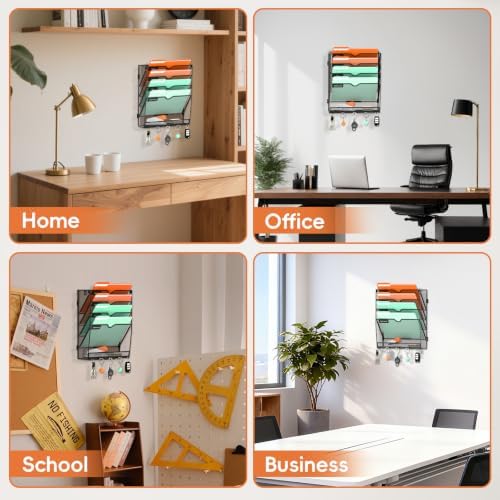 Wall File Holder Hanging Wall File Organizer, Wall Mount Mail Holder and Paper Organizer with Bottom Shelf & 5 Hooks for Office Home School (5-Tier)