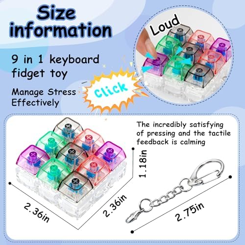 Keyboard Fidget Toy, Keyboard Fidget Keychain 9-in-1 Keyboard Decompression Button Finger Clicker Toys Stress Relief Fidget Gifts (Transparent- Green Black)