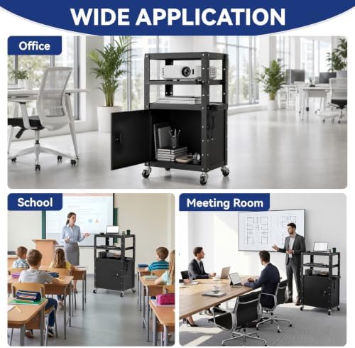 Mobile AV Cart with Cabinet Adjustable Height Computer Cart Rolling Media Utility Cart Heavy Duty with 4 Outlets & Pullout Keyboard Tray Mobile Computer Workstation with Lock Brake Wheels