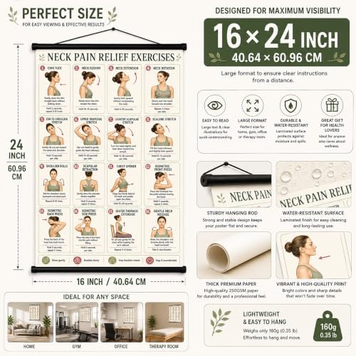 GCOWCOUIA Neck Pain Relief Exercises Poster, Neck Tension Stretches & Tech Neck Posture Correction Chart, Rounded Shoulder and Upper Back Desk Stretch Guide, 16 x 24 Inch