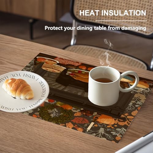 Thanksgiving Fireplace Dinner Linen Placemats, Roast Turkey with Pies and Fruits Table Mats for Table Washable Heat Insulation Thick Dining Mat, Indoor/Outdoor 12X18 in 4 Pcs