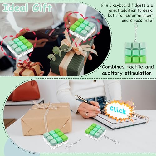 Keyboard Fidget Toy, Keyboard Fidget Keychain 9-in-1 Keyboard Decompression Button Finger Clicker Toys Stress Relief Fidget Gifts (3 Colors- Green)