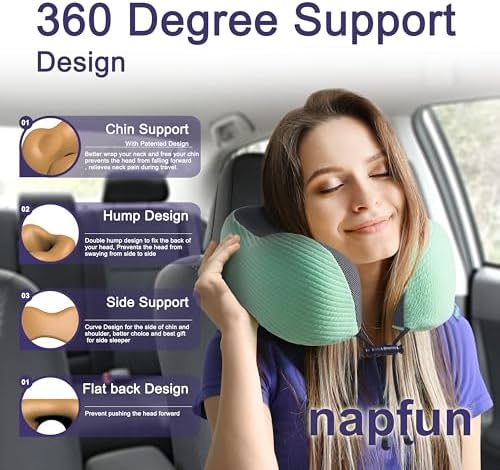 napfun Neck Pillow for Travel, Memory Foam Airplane Pillow, Turquoise