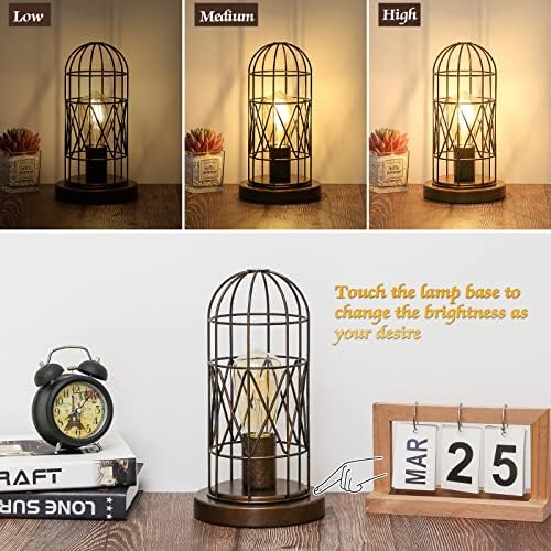 Small Touch Lamp, Industiral Bedside Table Lamp with Antique Bronze Cage