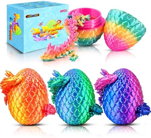 8.5" 3D Printed Dragon Eggs, Flexible Fidget Toys, 3D Printed Animals Set, Unique Birthday Party Favors, Desk Decor & Classroom Prizes for Boys & Girls (4 Pack)