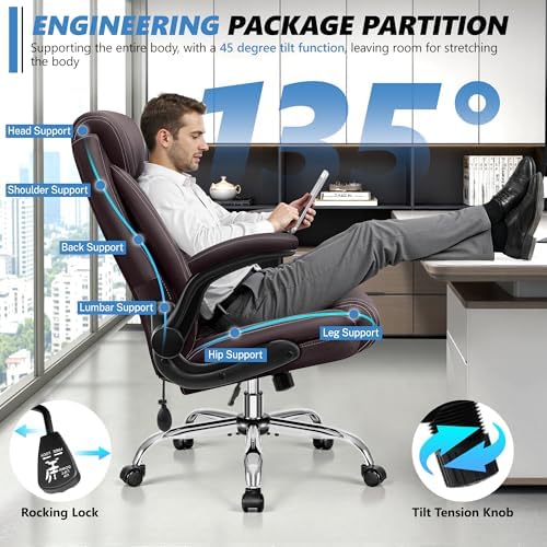BestGlory Executive Office Chair with Lumbar Support, Big and Tall Ergonomic Computer Desk Chair, Leather Comfy High Back Gaming Chair with Flip Up Arms & Rocking Function for Home Office, Coffee