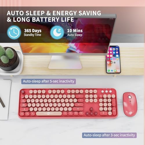 FD Wireless Keyboard and Mouse Combo | Cute Colorful Keyboard and Mouse with 2.4GHz Cordless Retro Typewriter Keyboard | Auto-Sleep | USB Receiver for Windows PC/Laptop - Pink Colorful