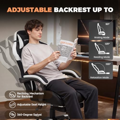 GTPLAYER Gaming Chair with Footrest, Ergonomic Office Chair 400lbs Heavy Duty, Big and Tall Computer Desk Chair with Lumbar Support and Headrest, Breathable Tech Fabric, 90-155° Recline Black