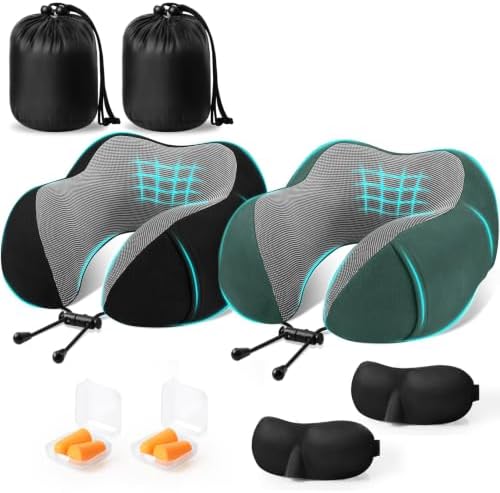 CloudBliss Memory Foam Travel Neck Pillow Airplane, 2 Pack, Black & Green