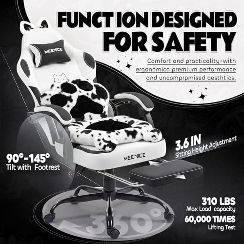 Gaming Chair Cute with Cat Ears Paw Lumbar and Cushion,Ergonomic Computer Chair with Footrest,Reclining PC Game Chair for Girl Computer Chair 300lbs for Adult Black White