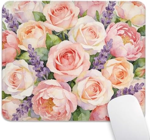 Watercolor Pink Roses Mouse Pad, Purple Lavender Floral Flower Desk Mat