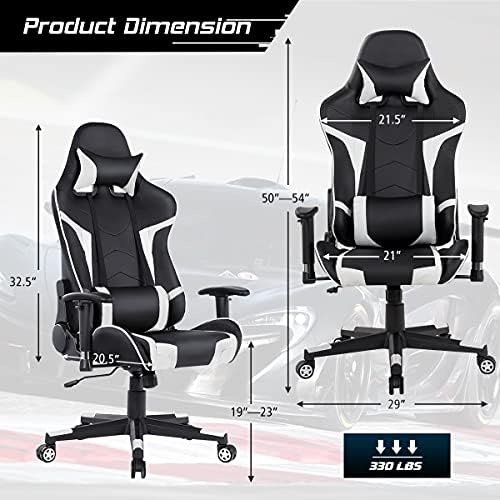 GYMAX Gaming Chair, Massage Gaming Chairs for Adults with Headrest, Lumbar Support & Armrest, Video Computer Reclining Gaming Chair, Office Desk Gamer Task Chair (White)
