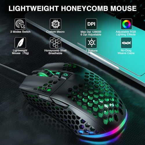 SOLAKAKA SM900 Gaming Mouse Wired with RGB,Honeycomb Shell,12800 DPI Wired Gaming Mouse with Buttons,Computer Mouse for Laptop/PC,Black