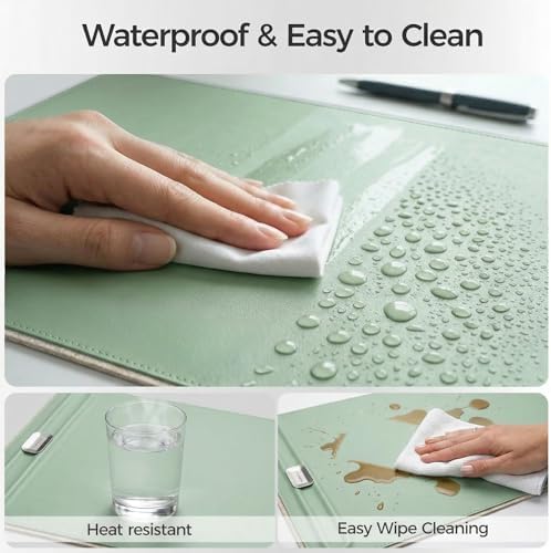 Premium Double-Sided Faux Leather Desk Pad – Non-Slip, Waterproof, with Magnetic Cable Organizer & File Storage – Designed for Offices & Creative Spaces – Durable & Easy to Clean（Green）