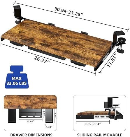 ETHU Corner Keyboard Tray Under Desk with Metal Rail, 26.8x11.8", Walnut