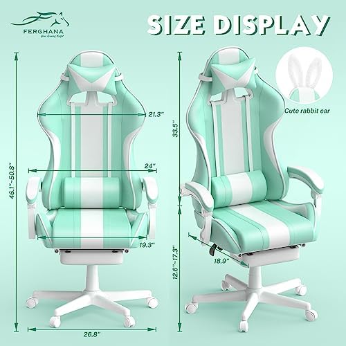 Ferghana Kawaii Light Green Gaming Chair with Bunny Ears, Ergonomic Cute Gamer Chair with Footrest and Massage, Racing Reclining Leather Computer Game Chair 250lbs for Girls Adults Teens Kids