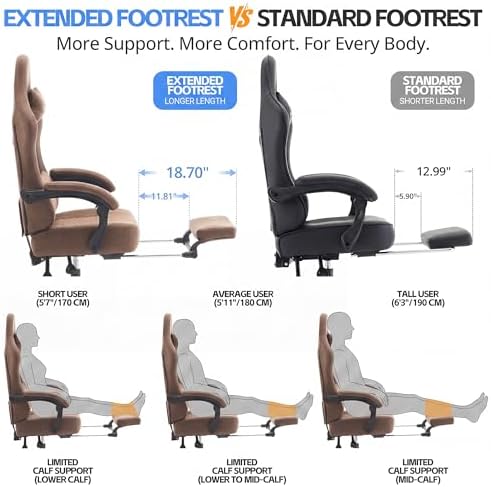 Gaming Chair Breathable Leather with Pocket Spring Cushion, Wide and High Ergonomic Office Chair with Headrest, Computer Gaming Chair with Footrest for Adult and Teen (Brown)