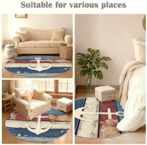 Nautical Round Area Rug - 6.6ft Navigational Anchor Round Rug for Living Room, Ocean Theme Circle Rugs Soft Non-Slip Carpet for Bedroom Kiks Room Dining Table Decor Mat