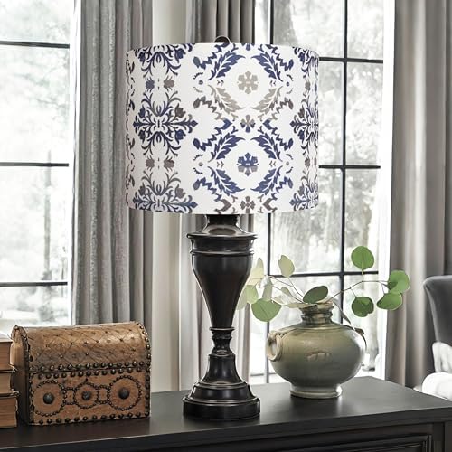 AELS Vintage Lamp Shades Set of 2, Blue and Gray Fabric Drum Lampshades for Table or Floor Lamps, 13x13x10 Medium Size (Spider Fitter), Easy Assembly Required
