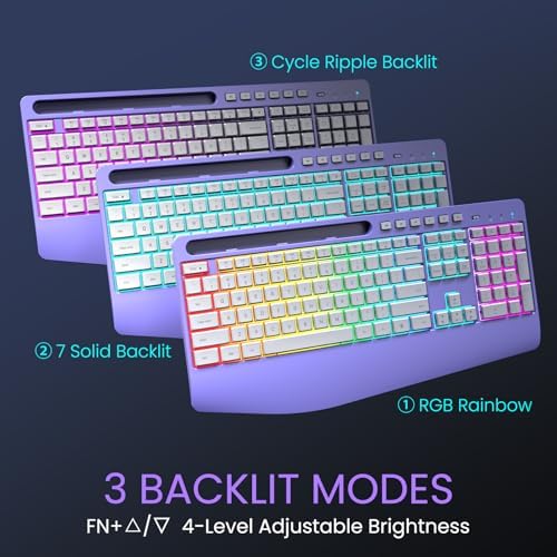 Wireless Keyboard and Mouse Combo- VEILZOR 2.4G Rechargeable Keyboard with Phone Holder, Ergonomic Wrist Rest, 9 RGB Backlit Effects, Silent Keyboard Mouse Set for Windows, Laptop, PC