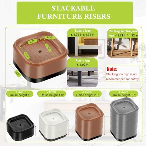 4 Pack Furniture Risers 3 Inch, Adjustable Bed Risers Heavy Duty for Table Desk Couch Chair Sofa Cabinet Bed Legs Dorm, Square Stackable Bed Raisers Blocks Lift Height 1", 2",3"or 4", Brown